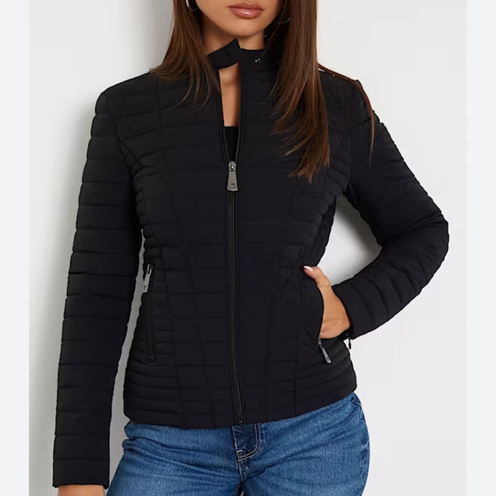 GUESS Black Quilted Puffer Jacket with Hidden Zippered Hood